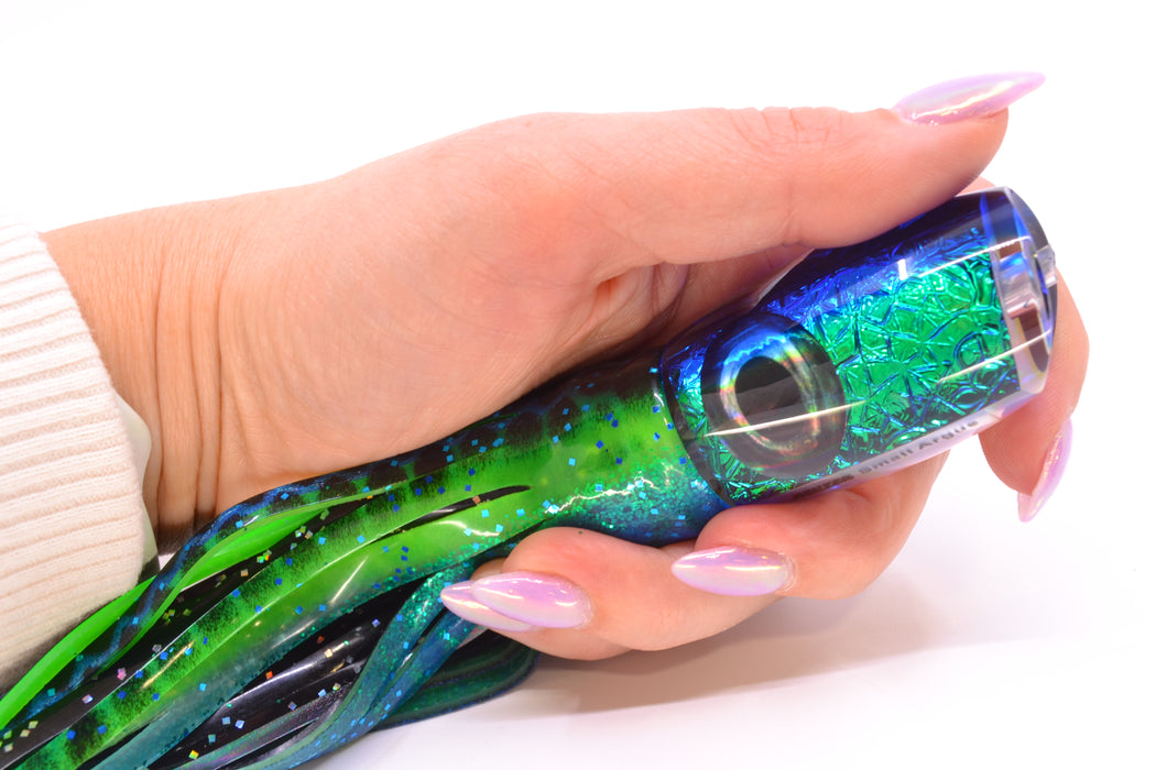 Moyes Lures Blue-Green Oil Slick Blue Back Taxi Eyes Small Argus 9" 3.5oz Skirted