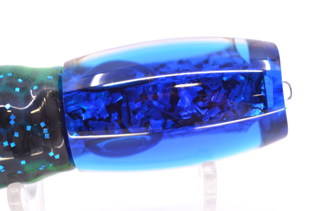 Moyes Lures S&P MOP Blue Back Taxi Eyes Small Argus 9" 3.5oz Skirted Black Aurora