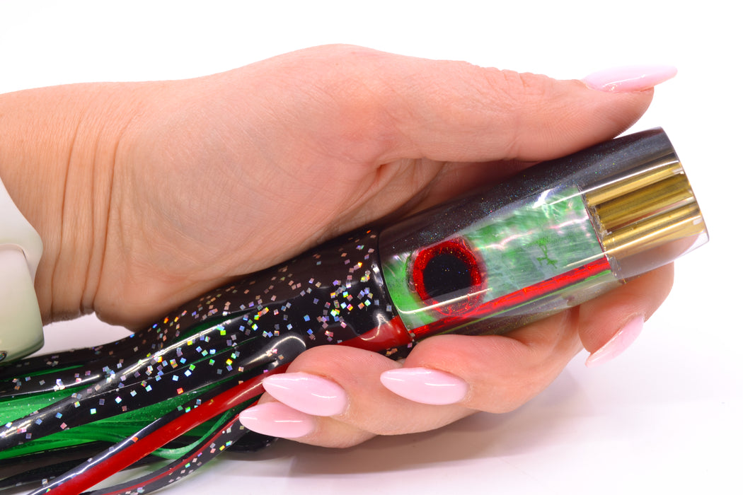 Big Reidee Green MOP Black Back Black-Red Eyes 4-Hole Pusher 9" 6.6oz Skirted Black