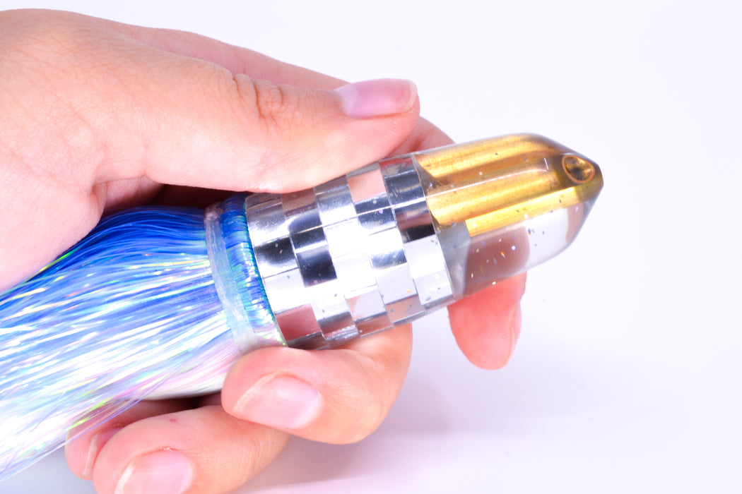 Tanigawa Lures Clear Mirrored Disco Ball 2-Hole Bullet 7" 6oz Flashabou Blue-White/White
