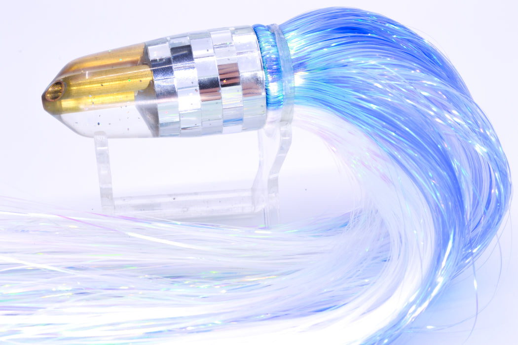 Tanigawa Lures Clear Mirrored Disco Ball 2-Hole Bullet 7" 6oz Flashabou Blue-White/White