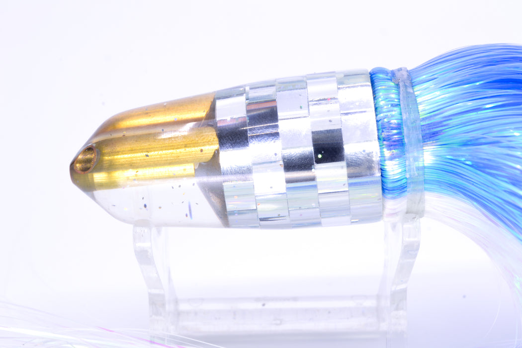 Tanigawa Lures Clear Mirrored Disco Ball 2-Hole Bullet 7" 6oz Flashabou Blue-White/White
