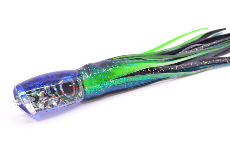 Moyes Lures S&P MOP Blue Back Taxi Eyes Small Argus 9" 3.5oz Skirted Black Aurora