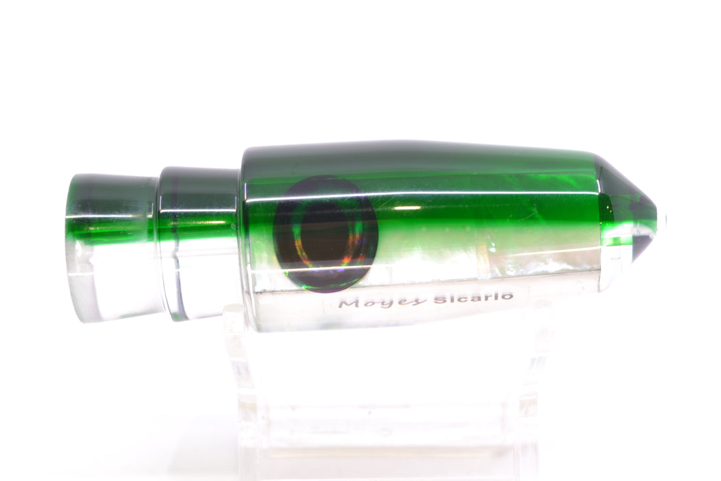 Moyes Lures White MOP Green Back Taxi Eyes Sicario Bullet 8" 4oz