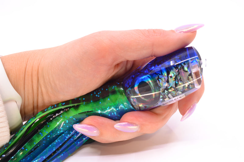 Moyes Lures S&P MOP Blue Back Taxi Eyes Small Argus 9" 3.5oz Skirted Black Aurora