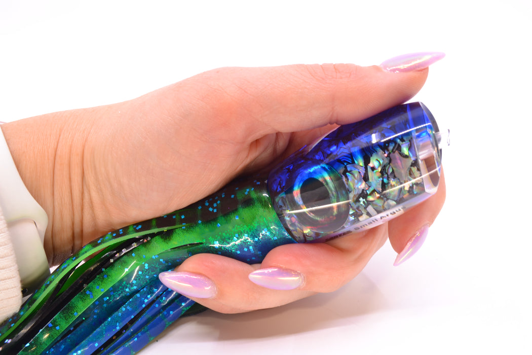 Moyes Lures S&P MOP Blue Back Taxi Eyes Small Argus 9" 3.5oz Skirted Black Aurora