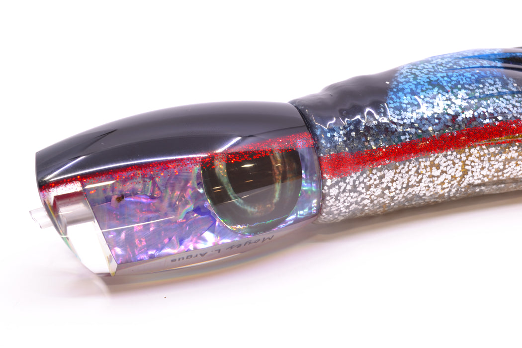 Moyes Lures Rainbow MOP Black-Red Back Taxi Eyes Large Argus 14" 10oz Skirted Evil