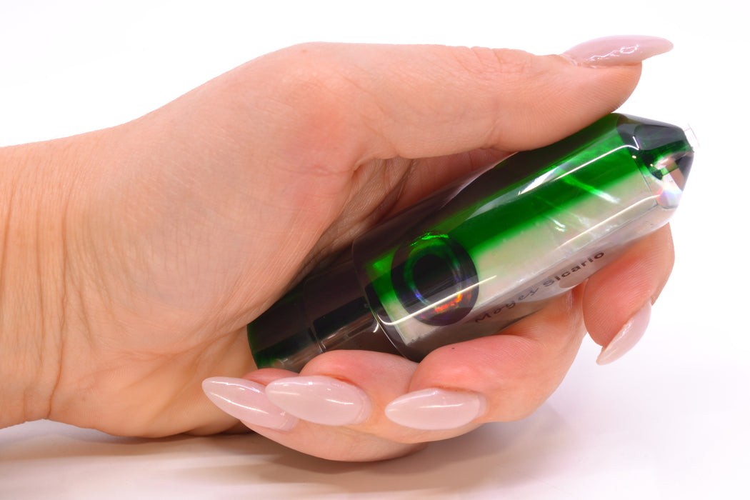 Moyes Lures White MOP Green Back Taxi Eyes Sicario Bullet 8" 4oz