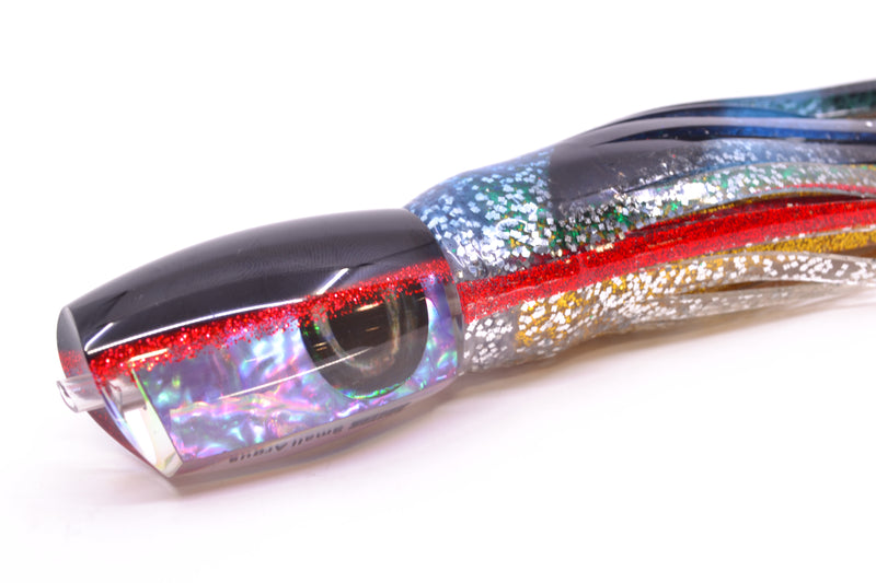 Moyes Lures Rainbow MOP Black-Red Back Taxi Eyes Small Argus 9" 3.5oz Skirted Evil