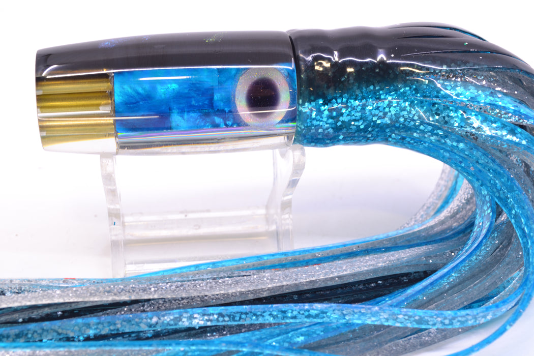 Big Reidee Blue Paua Black Back Black-Silver Eyes 4-Hole Pusher 9" 6.6oz Skirted Black-Blue