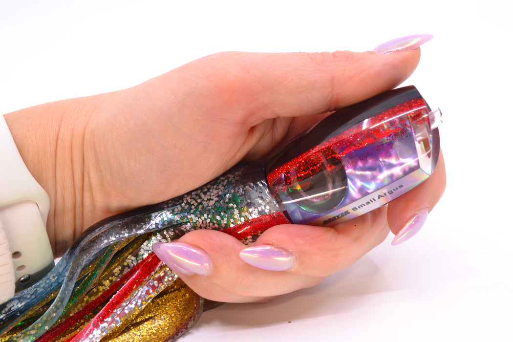 Moyes Lures Rainbow MOP Black-Red Back Taxi Eyes Small Argus 9" 3.5oz Skirted Evil