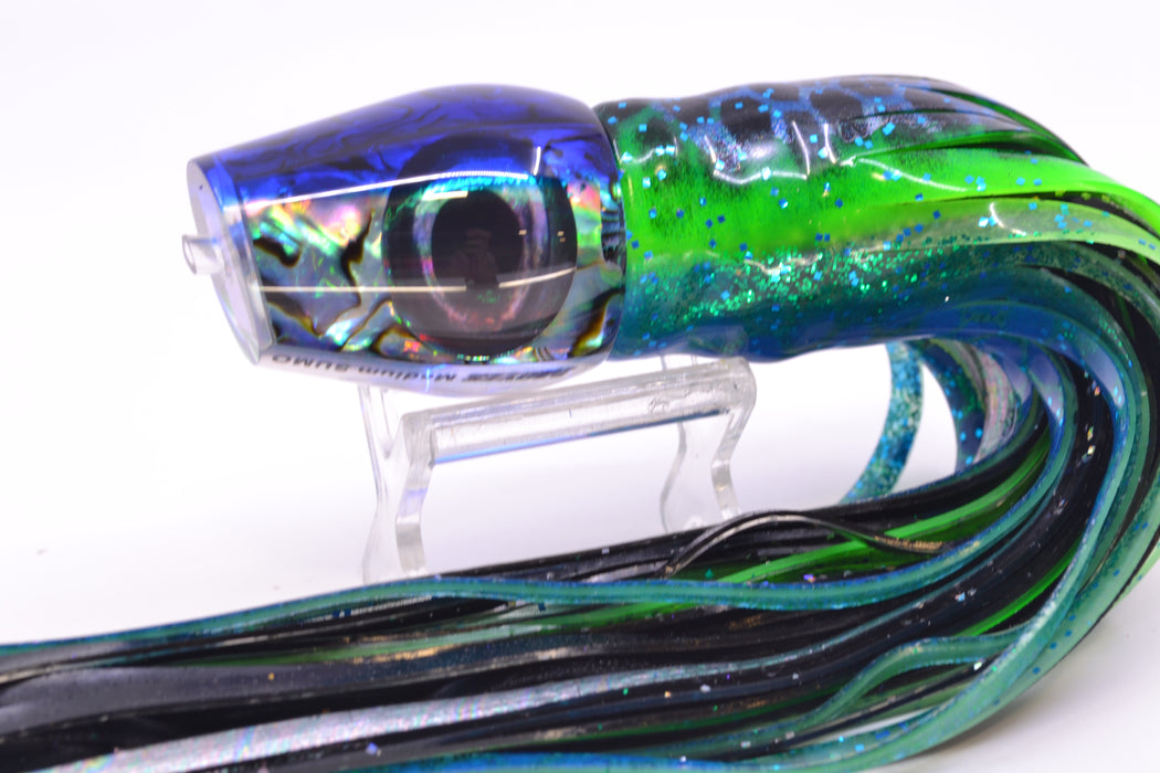 Moyes Lures Paua Shell Blue Back Taxi Eyes Medium Sumo 12" 6.8oz Skirted Black-Blue Dots GZE