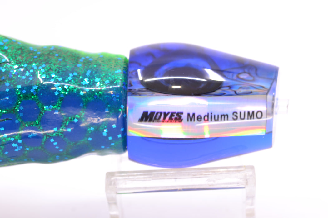Moyes Lures Paua Shell Blue Back Taxi Eyes Medium Sumo 12" 6.8oz Skirted Black-Blue Dots GZE