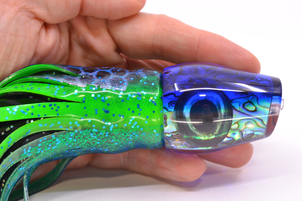 Moyes Lures Paua Shell Blue Back Taxi Eyes Medium Sumo 12" 6.8oz Skirted Black-Blue Dots GZE