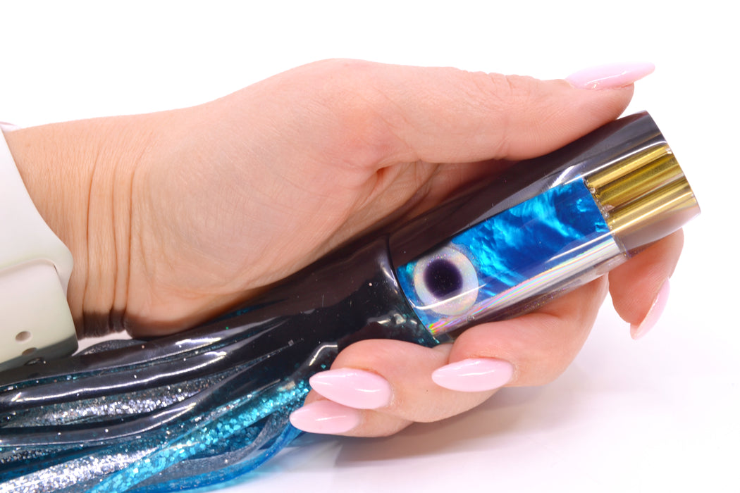 Big Reidee Blue Paua Black Back Black-Silver Eyes 4-Hole Pusher 9" 6.6oz Skirted Black-Blue