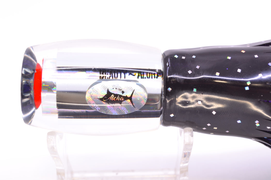 Aloha Lures Mirrored Silver Rainbow Flake Medium Beauty 9" 5.5oz Skirted Black/Purple GZE