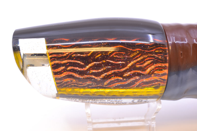 Marlin Magic Orange-Red Lava Black Back Super Digga Dog 16" 15.5oz Skirted Root Beer-Silver