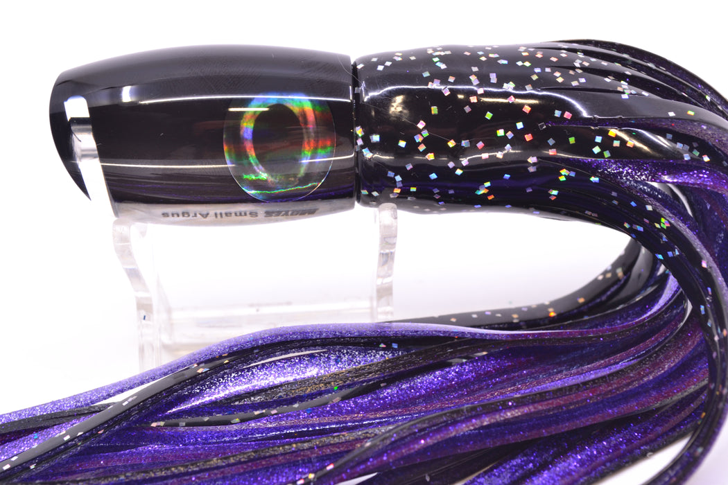 Moyes Lures Black Pearl Black Back Taxi Eyes Small Argus 9" 3.5oz Skirted Black/Purple