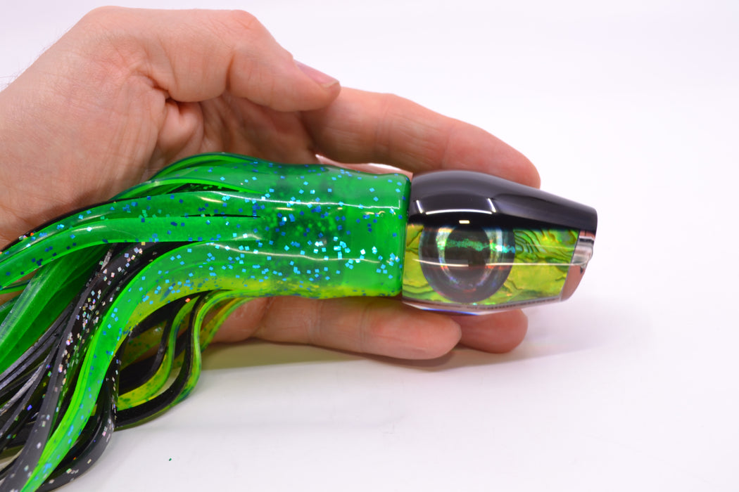 Moyes Lures Green Paua Black Back Taxi Eyes Medium Sumo 12" 6.8oz Skirted Black/Mahi GZE