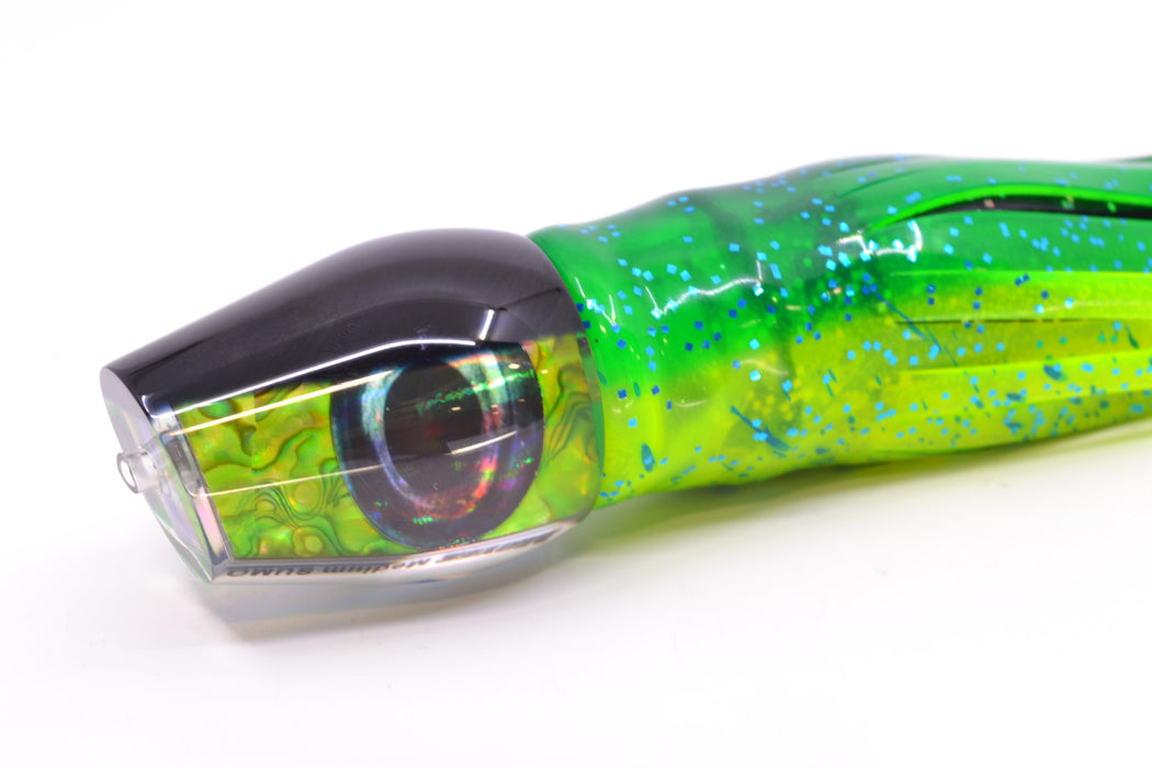 Moyes Lures Green Paua Black Back Taxi Eyes Medium Sumo 12" 6.8oz Skirted Black/Mahi GZE