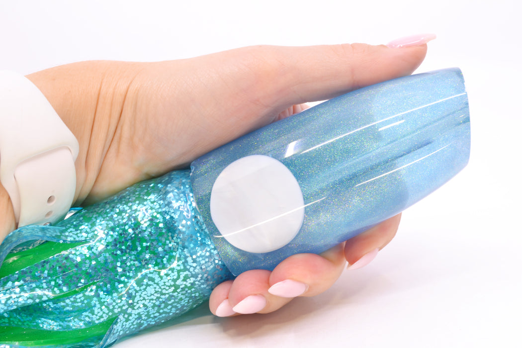 Joe Yee Lures by KEGZ Blue Iridescent Pearl Real Shell Eyes Super Plunger 14" 13.5oz Skirted