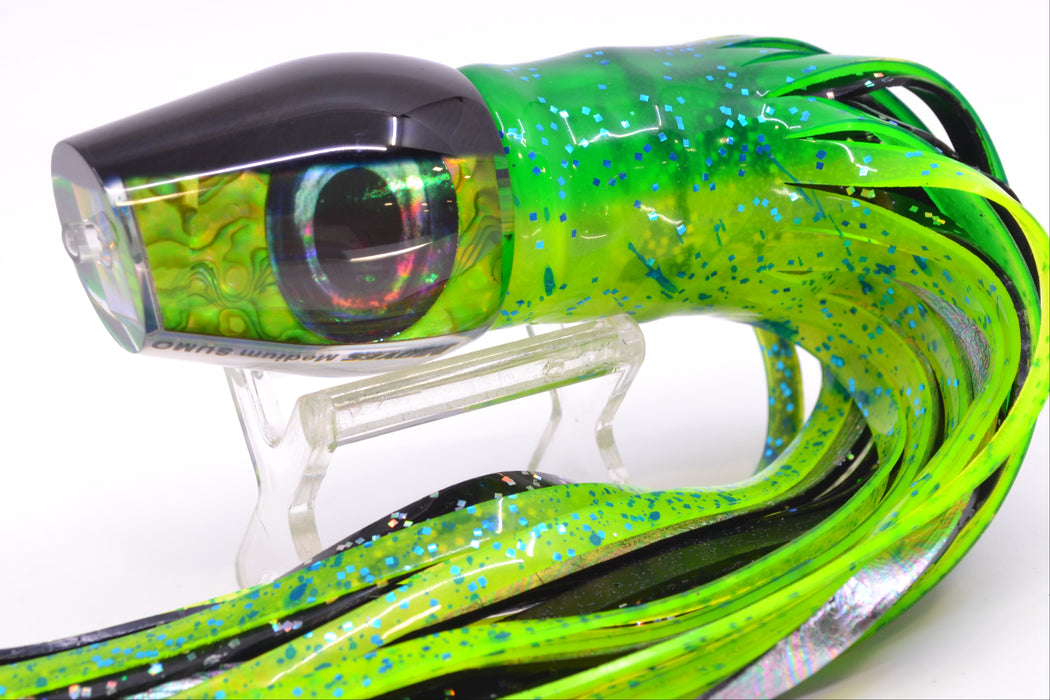 Moyes Lures Green Paua Black Back Taxi Eyes Medium Sumo 12" 6.8oz Skirted Black/Mahi GZE