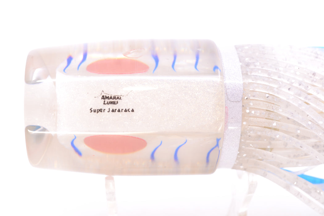 Amaral Lures White Iridescent Pearl Blue Stripes White Back Super Jararaca 15" 6.7oz
