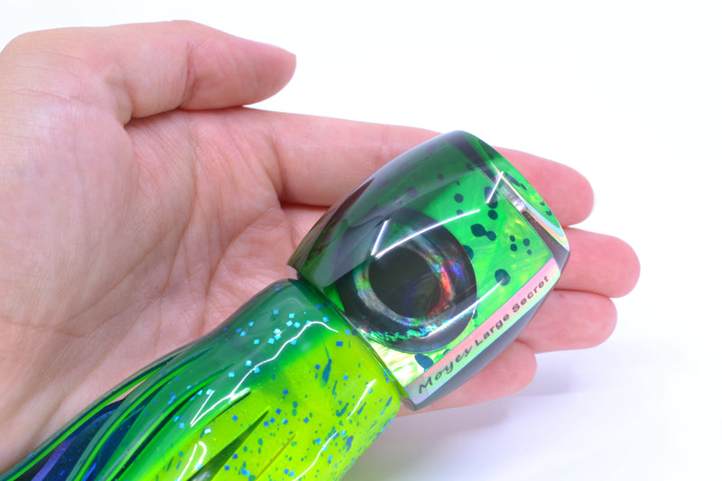 Moyes Lures Mahi MOP Green Back Taxi Eyes Large Secret 12" 6.5oz Skirted Mahi GZE