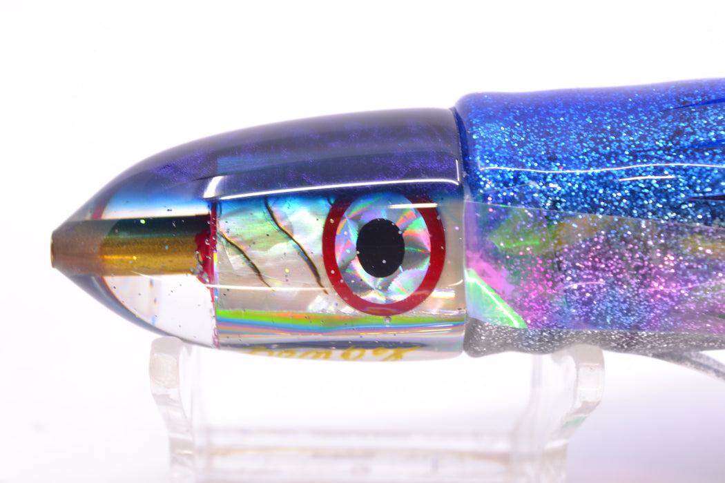Bomboy Lures White Abalone Blue Back Black-Silver-Red Eyes Baby Bomb 9" 5oz Skirted with Wings