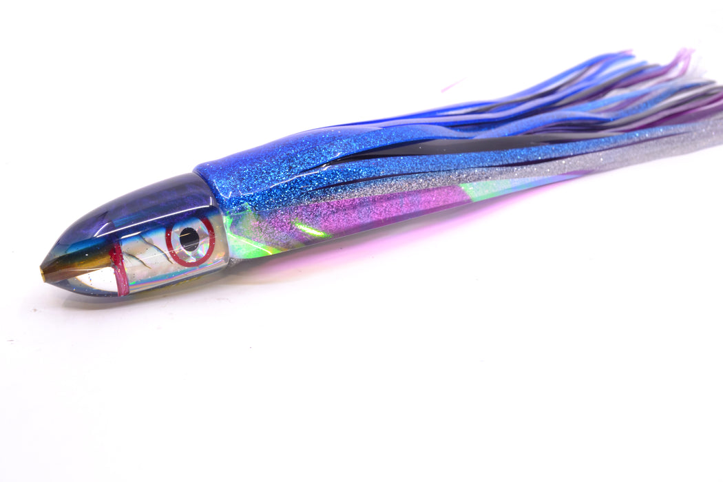 Bomboy Lures White Abalone Blue Back Black-Silver-Red Eyes Baby Bomb 9" 5oz Skirted with Wings