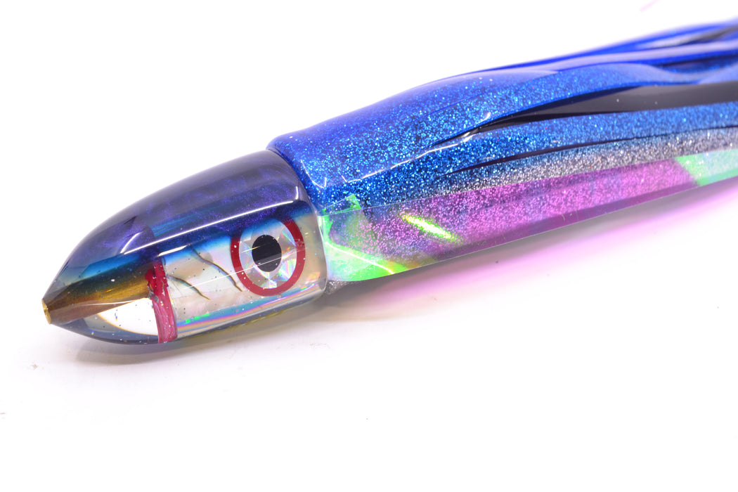 Bomboy Lures White Abalone Blue Back Black-Silver-Red Eyes Baby Bomb 9" 5oz Skirted with Wings