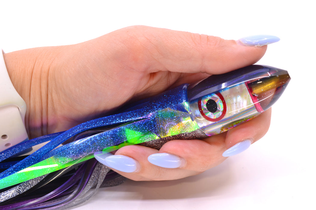 Bomboy Lures White Abalone Blue Back Black-Silver-Red Eyes Baby Bomb 9" 5oz Skirted with Wings