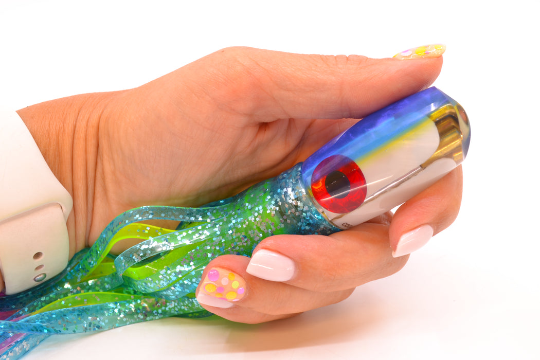Coggin Lures MOP Blue-Yellow Back 4-Hole Hualalai Tado Scoop 7" 3oz Skirted Ice Blue/Rainbow