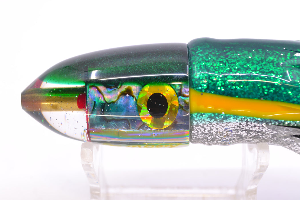 Bomboy Lures Blue-Purple Abalone Green Back Baby Bomb 9" 5oz Skirted Green-Yellow-Silver
