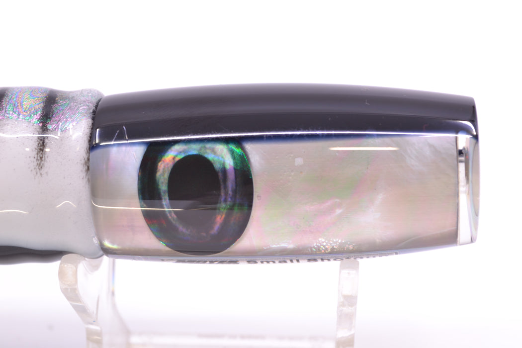 Moyes Lures White MOP Black Back Small Shotgun 9" 4oz Skirted Black Stripes *SCRATCHED*