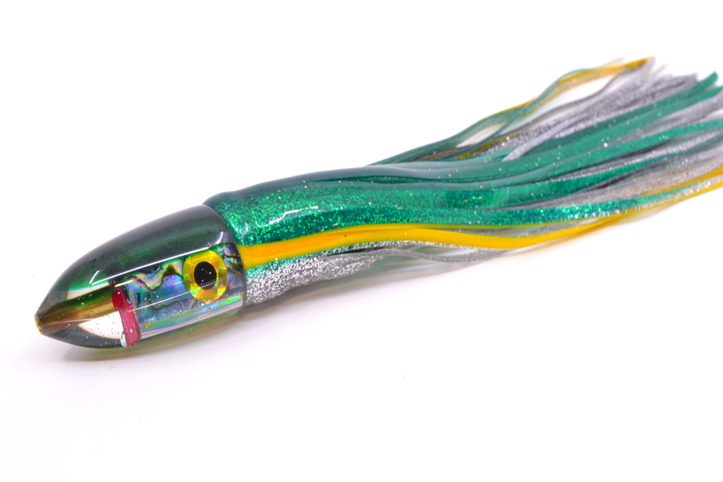 Bomboy Lures Blue-Purple Abalone Green Back Baby Bomb 9" 5oz Skirted Green-Yellow-Silver