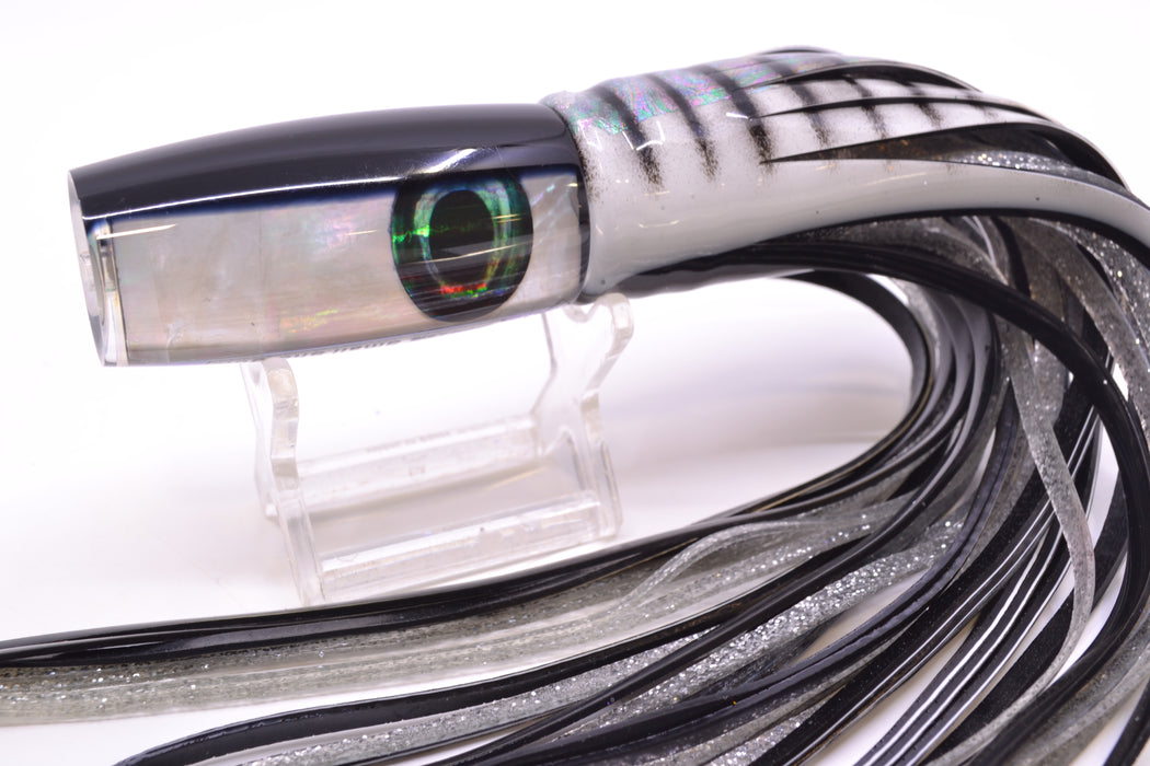 Moyes Lures White MOP Black Back Small Shotgun 9" 4oz Skirted Black Stripes *SCRATCHED*