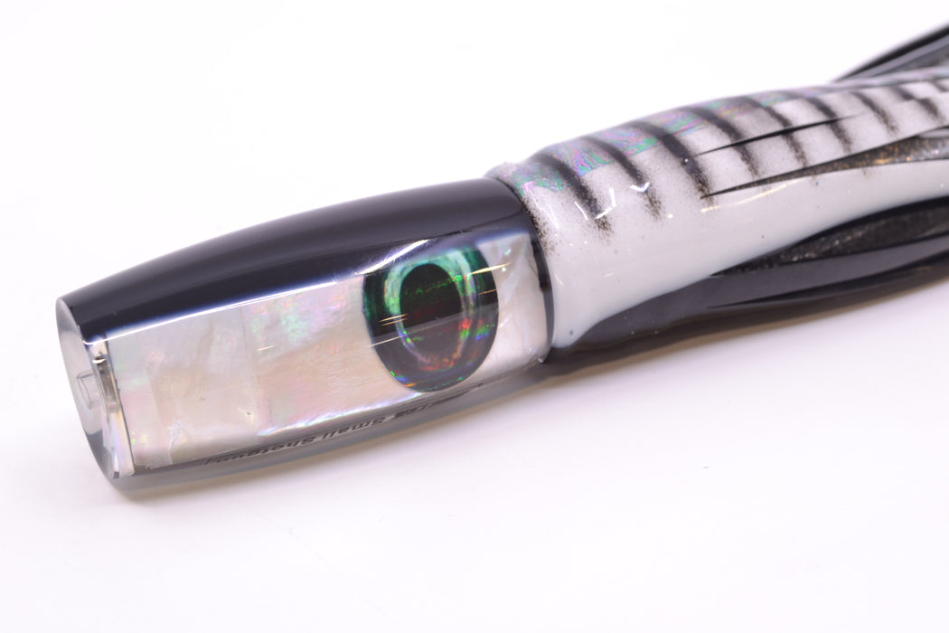 Moyes Lures White MOP Black Back Small Shotgun 9" 4oz Skirted Black Stripes *SCRATCHED*
