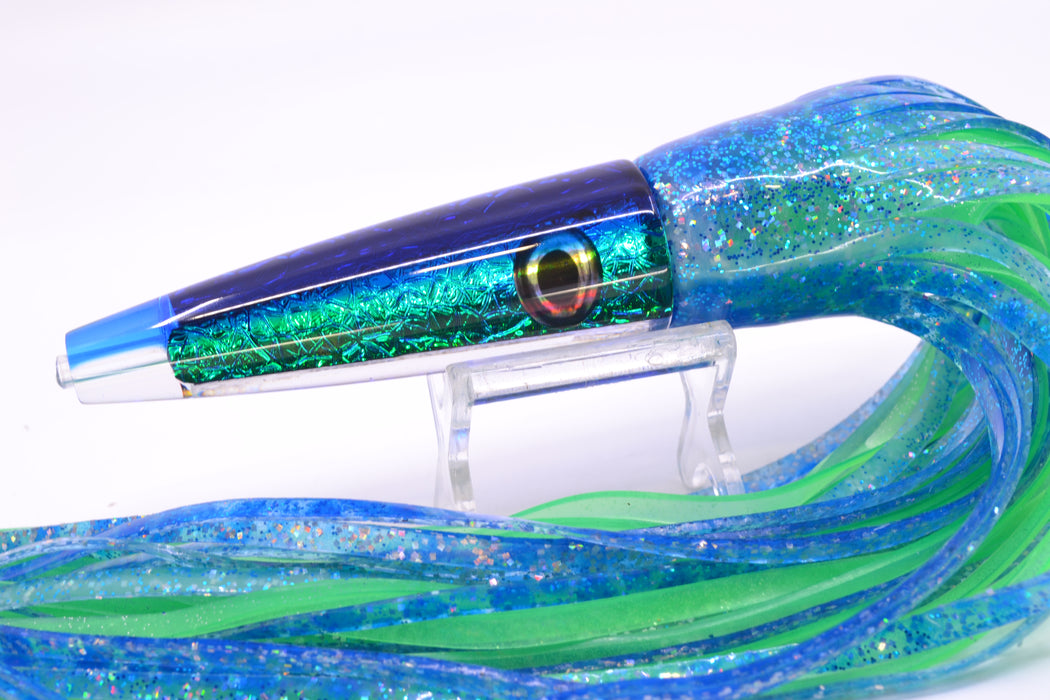Moyes Lures Blue-Green Oil Slick Blue Back Taxi Eyes Ono Rocket 9" 8oz Skirted GZE