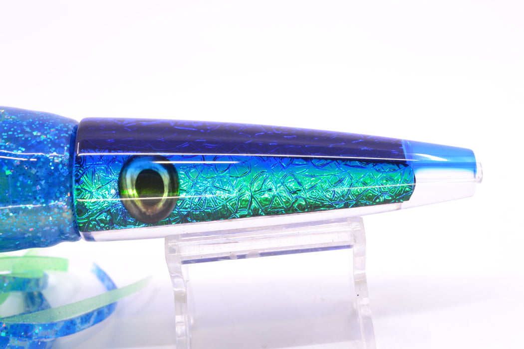 Moyes Lures Blue-Green Oil Slick Blue Back Taxi Eyes Ono Rocket 9" 8oz Skirted GZE