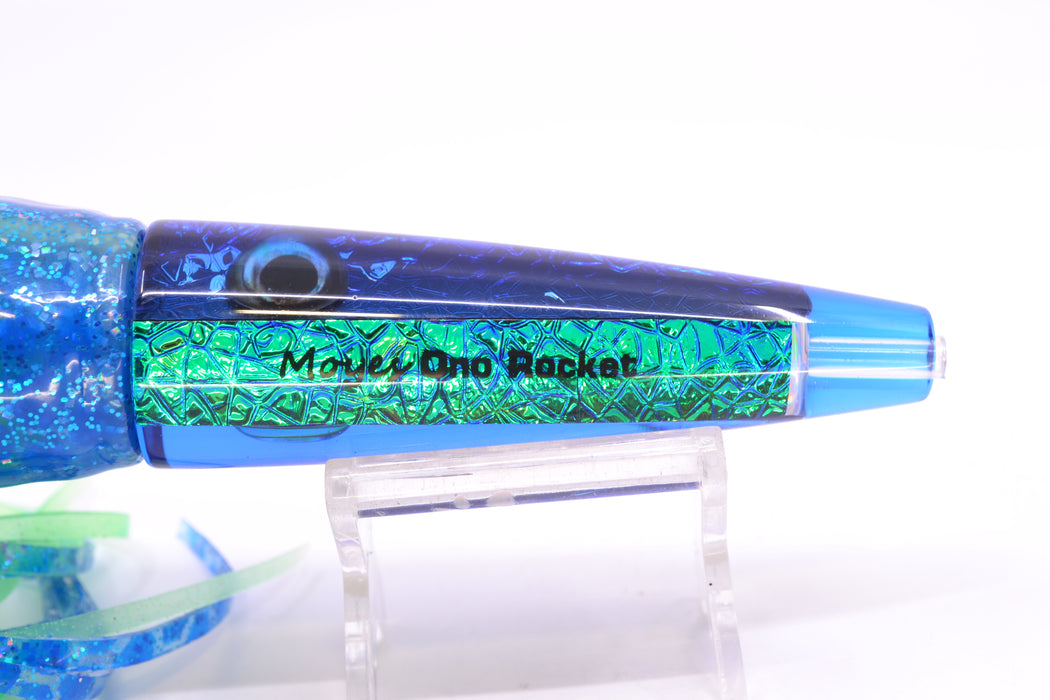 Moyes Lures Blue-Green Oil Slick Blue Back Taxi Eyes Ono Rocket 9" 8oz Skirted GZE