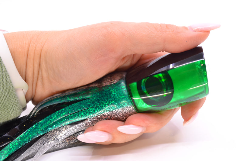 Moyes Lures Green MOP Black Back Taxi Eyes Boogeyman 12" 7oz Skirted Green Aurora