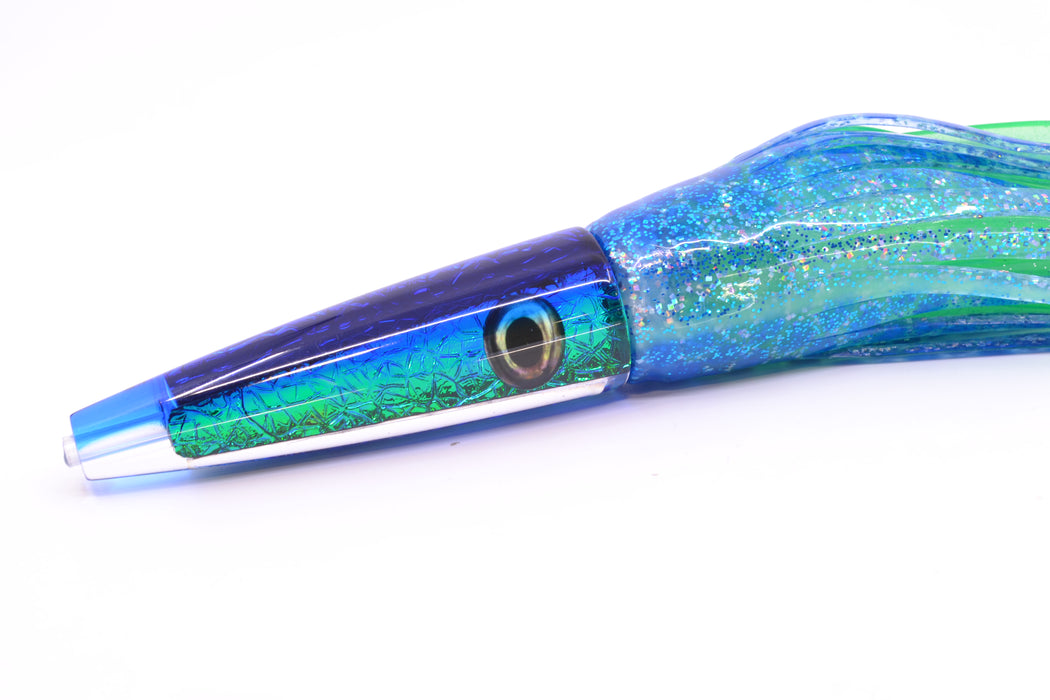 Moyes Lures Blue-Green Oil Slick Blue Back Taxi Eyes Ono Rocket 9" 8oz Skirted GZE