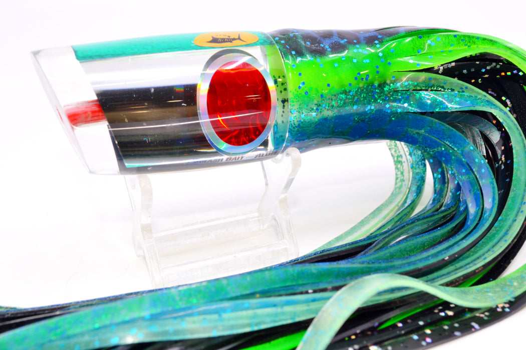 Aloha Lures Clear Mirrored Green Back Infant Smash Bait 10" 8oz Skirted Black Dots