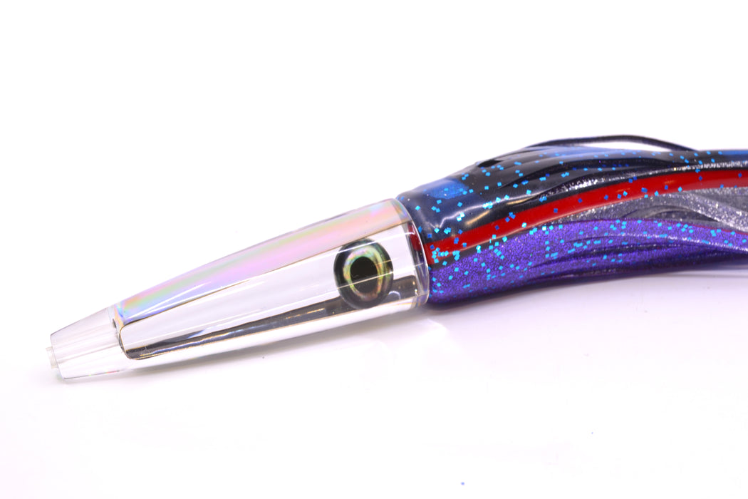 Moyes Lures Clear Mirrored Taxi Eyes Ono Rocket 9" 8oz Skirted Black & Blue Bars-Purple GZE