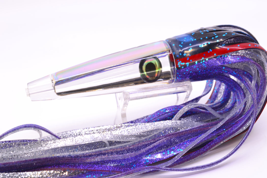 Moyes Lures Clear Mirrored Taxi Eyes Ono Rocket 9" 8oz Skirted Black & Blue Bars-Purple GZE