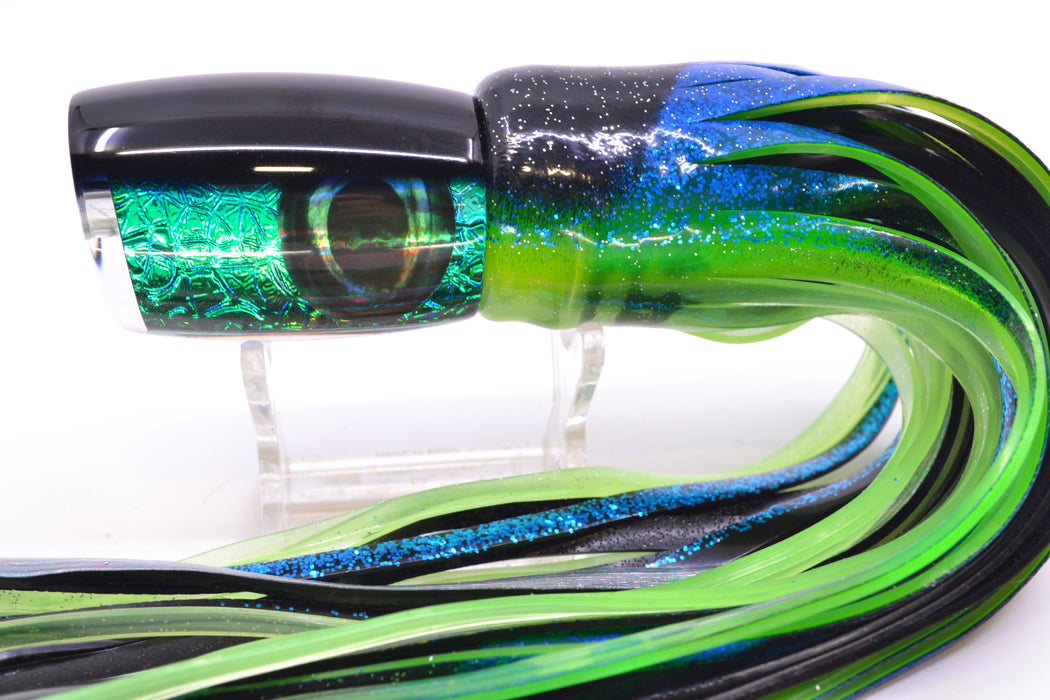 Moyes Lures Blue-Green Oil Slick Black Back Taxi Eyes Boogeyman 12" 7oz Skirted