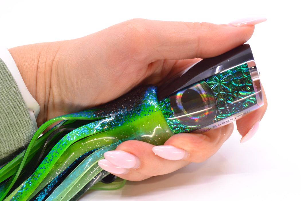 Moyes Lures Blue-Green Oil Slick Black Back Taxi Eyes Boogeyman 12" 7oz Skirted
