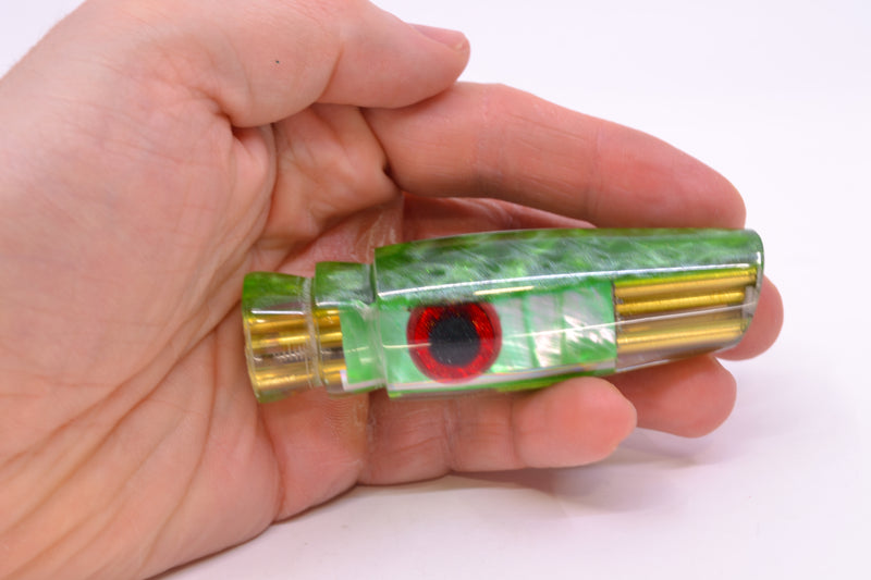 Big Reidee Lures Green MOP Green Back Black-Red Eyes 4-Hole Cut Face 9" 4.4oz