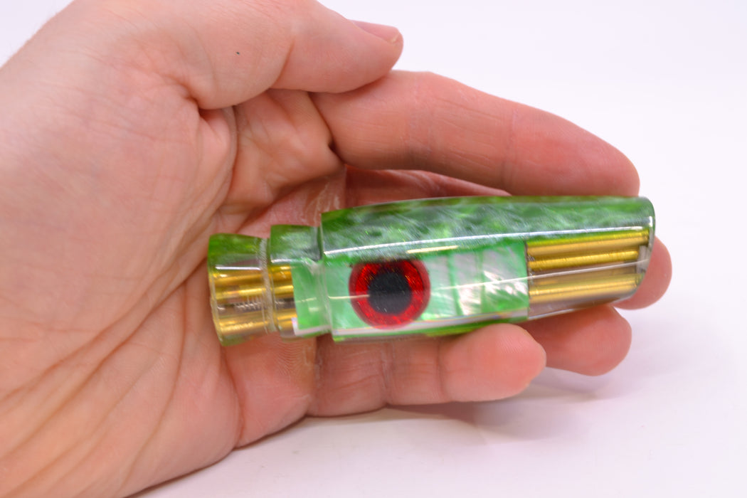 Big Reidee Lures Green MOP Green Back Black-Red Eyes 4-Hole Cut Face 9" 4.4oz